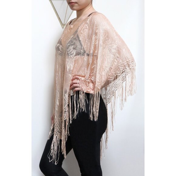 Vintage 80s Sheer Nude Poncho Floral Knit Lace, Women's Lace Shawl Boho Festival - Picture 2 of 5